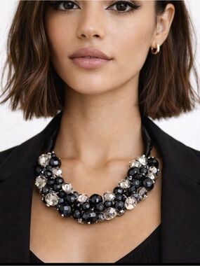 Vintage Ali Khan NY Bkack and Silver Crystal Bead Statement Necklace
